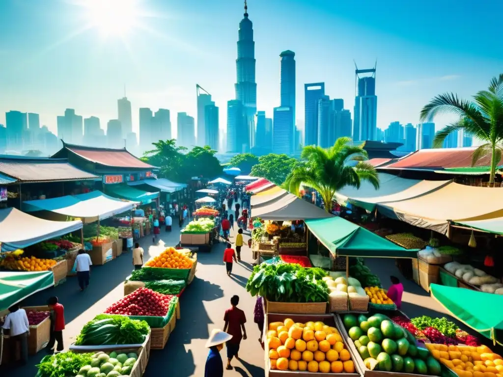 Un mercado orgánico bullicioso en Asia, con frutas y verduras frescas en coloridos puestos bajo la luz del sol