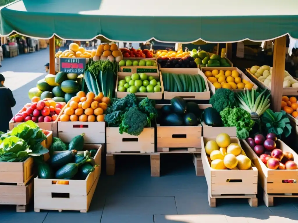 Un mercado orgánico bullicioso con frutas y verduras frescas en cajas de madera