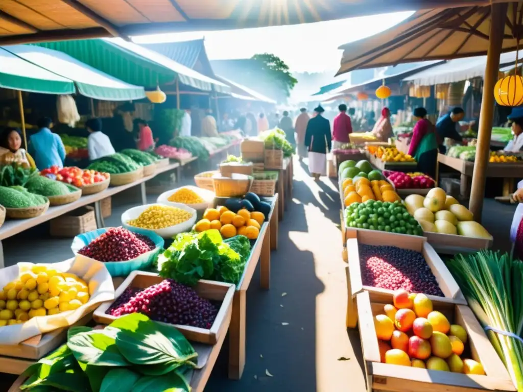 Mercado orgánico en Asia con frutas y verduras coloridas