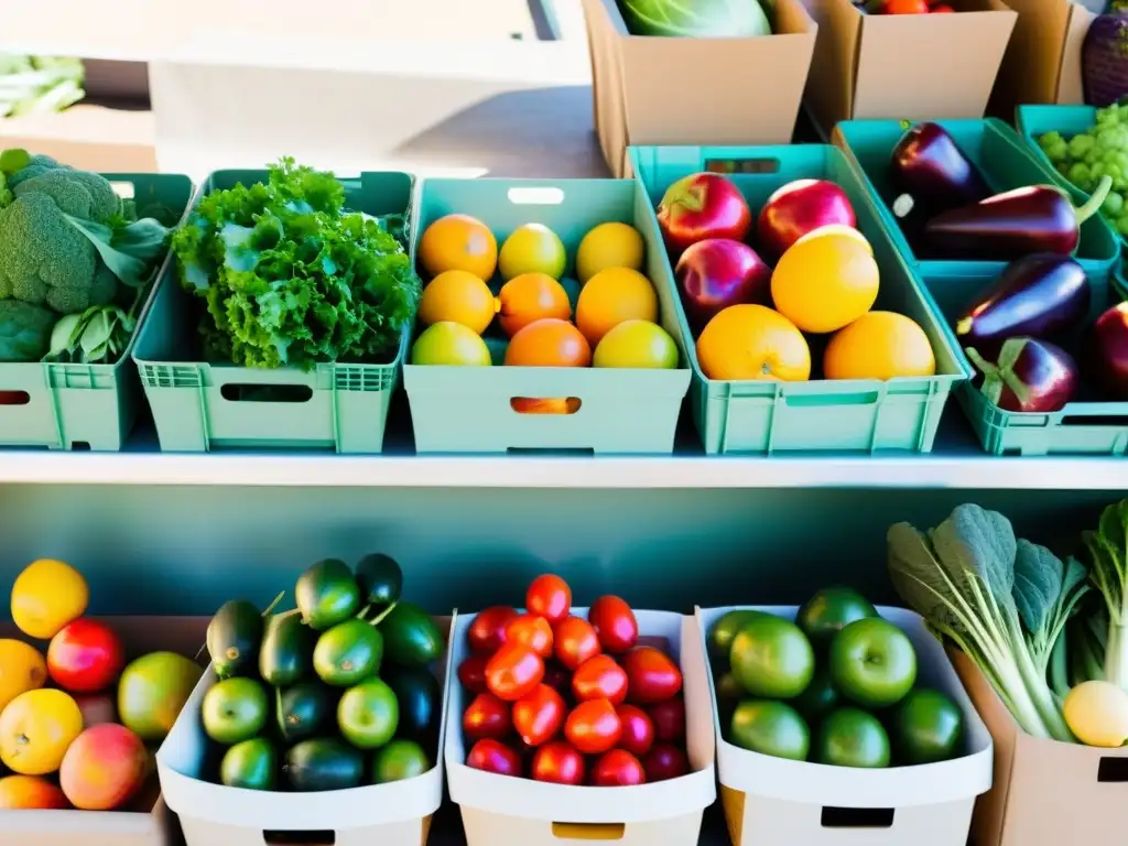 Un mercado orgánico con frutas y verduras vibrantes bañadas por la luz del sol, evocando salud y prevención de artritis