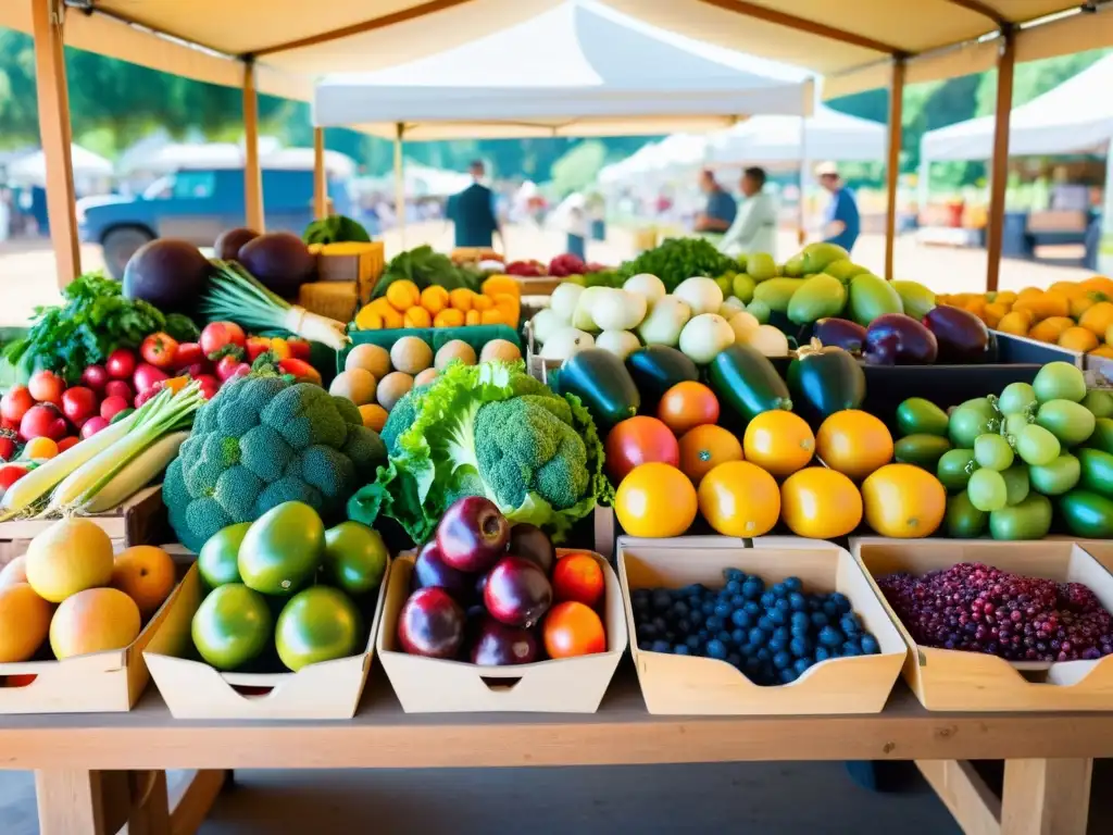 Un mercado orgánico lleno de frutas y verduras frescas, con colores vibrantes y una atmósfera saludable