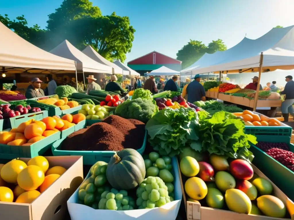 Un mercado orgánico lleno de frutas, verduras y hierbas vibrantes, bañado por el cálido sol