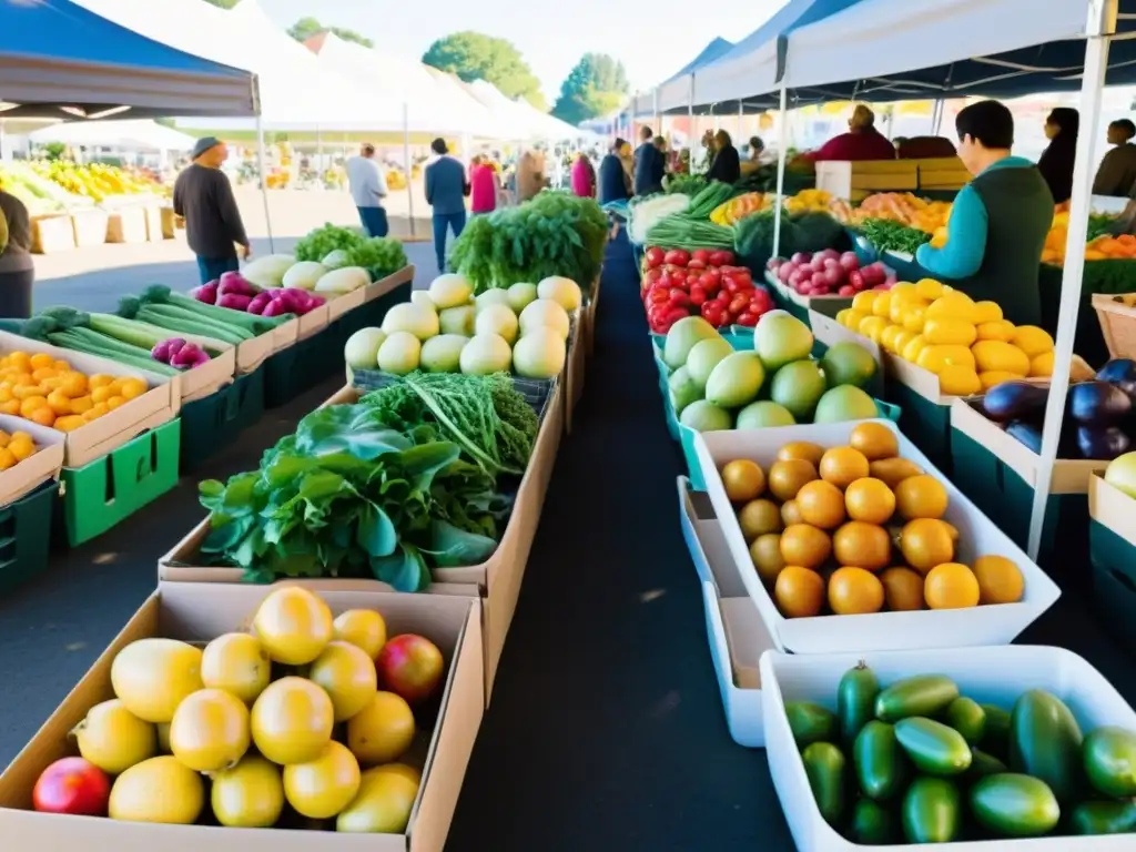 Mercado orgánico lleno de vida, con frutas y verduras coloridas