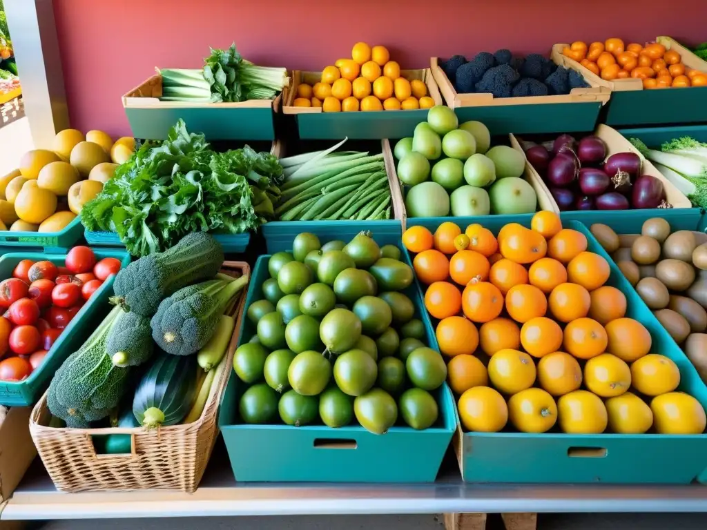 Un mercado orgánico rebosante de frutas y verduras frescas, con colores y texturas vibrantes