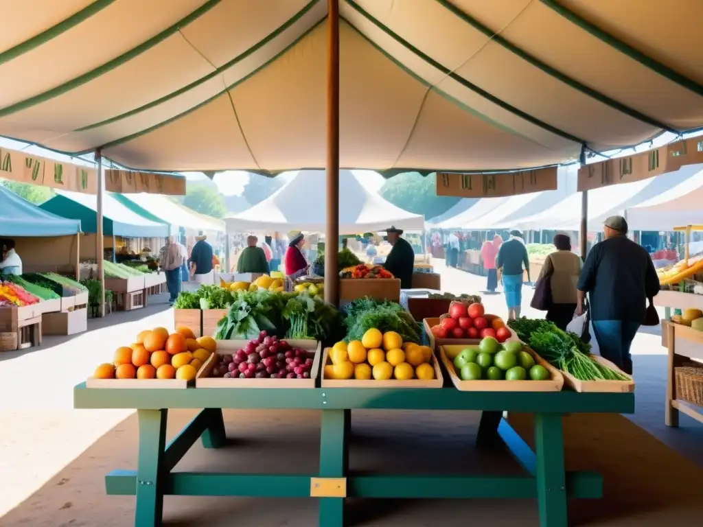 Un mercado orgánico vibrante y sereno con frutas y verduras coloridas, promoviendo la salud y la sostenibilidad