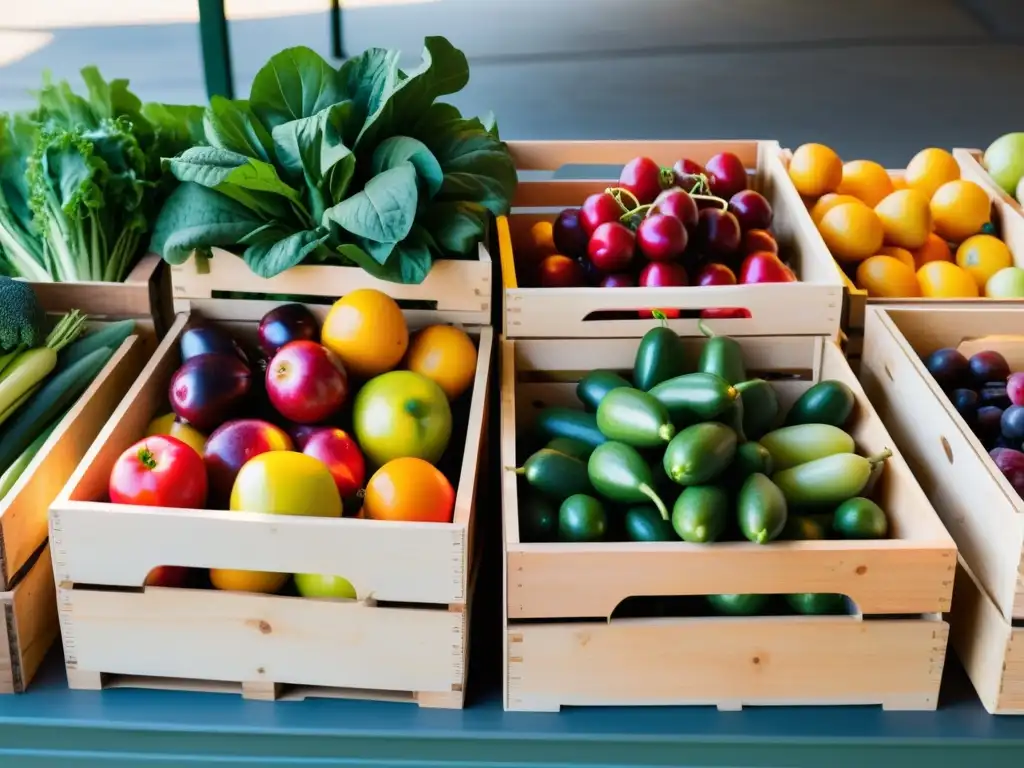 Un mercado agrícola vibrante y colorido, con frutas y verduras orgánicas en cajas de madera, iluminado suavemente