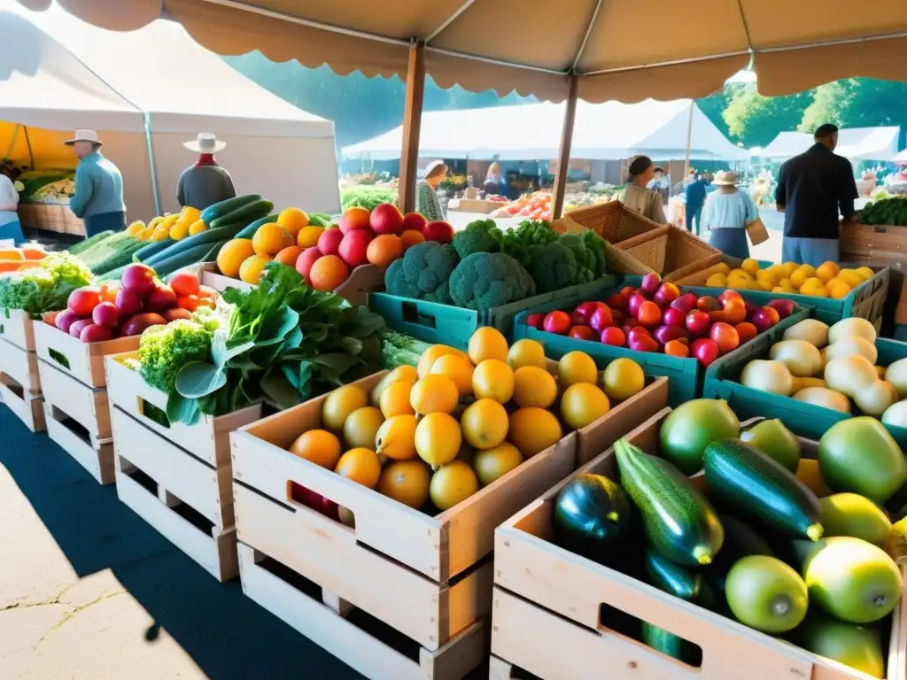 Un mercado agrícola vibrante y colorido, con productos frescos y orgánicos en exhibición, promoviendo técnicas de alimentos sostenibles