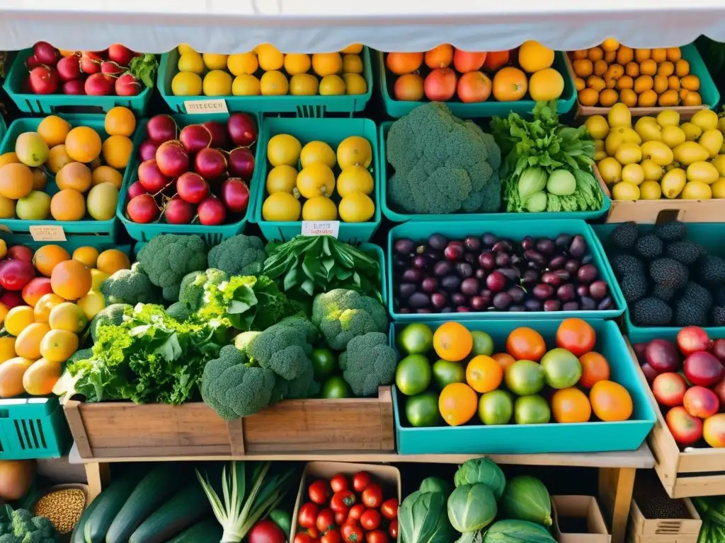 Un mercado agrícola vibrante y detallado con frutas y verduras coloridas y orgánicas