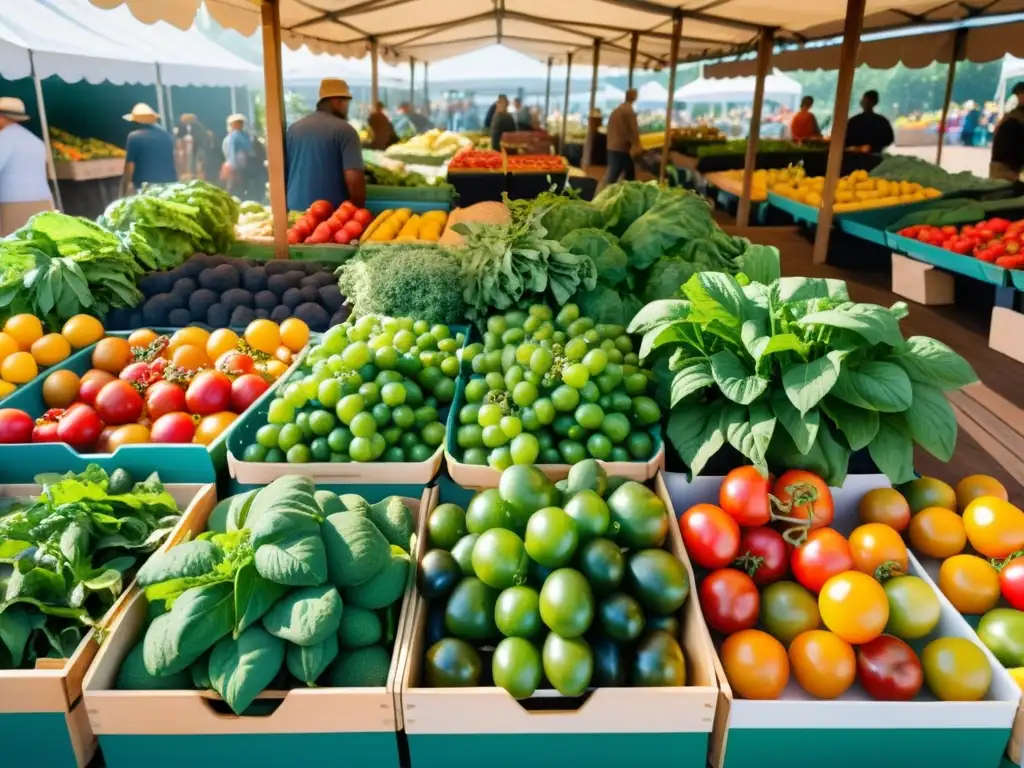 Un mercado vibrante con frutas y verduras orgánicas, resaltando sus beneficios