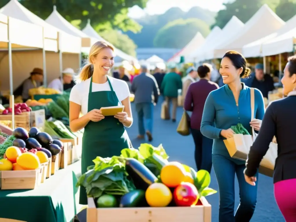 Mercado agrícola vibrante con productos orgánicos locales, colores vivos y energía comunitaria