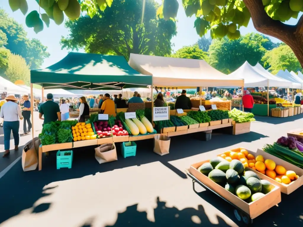 Un mercado vibrante y sostenible con granjas orgánicas locales, consumidores y productos coloridos en un día soleado