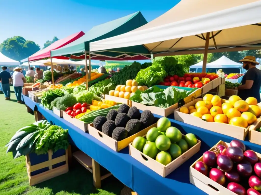 Un mercado agrícola vibrante con una variedad de frutas y verduras orgánicas frescas y coloridas