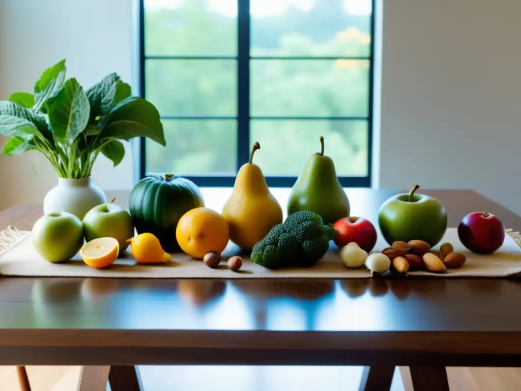 Una mesa con alimentos orgánicos y naturales bañada en luz suave