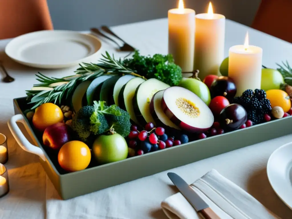 Una mesa de cena navideña orgánica y saludable, con platos coloridos y decoraciones elegantes en un ambiente cálido y acogedor