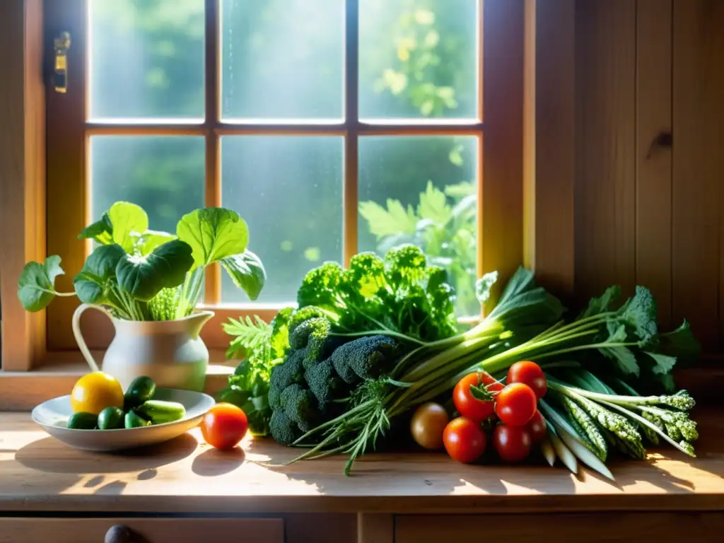 Una mesa de cocina rústica cubierta de vegetales orgánicos frescos, bañada por la cálida luz del sol