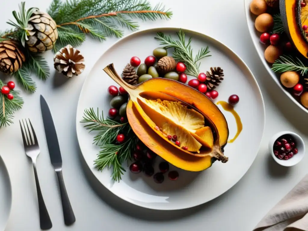 Una mesa de cocina navideña orgánica saludable con platos vibrantes y coloridos, adornada con decoración natural festiva