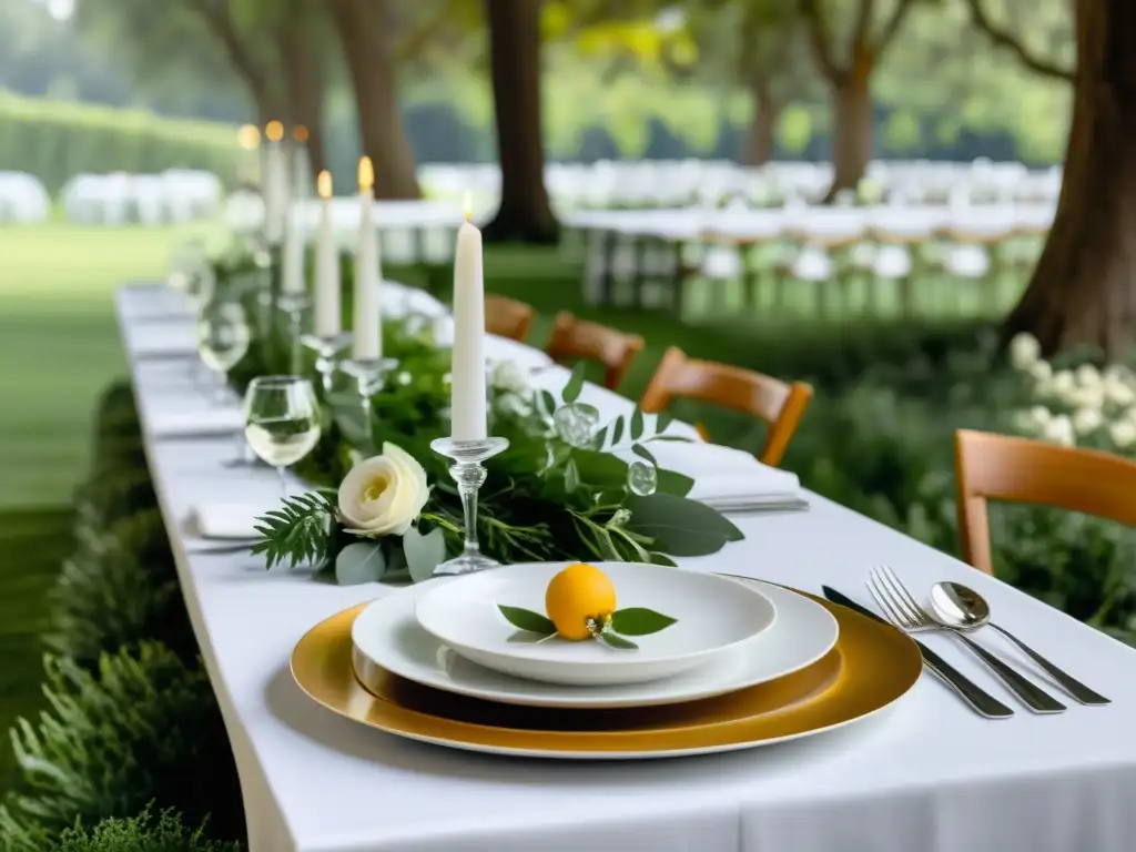 Una mesa bellamente decorada en un evento al aire libre, con arreglos orgánicos de flores y verdor