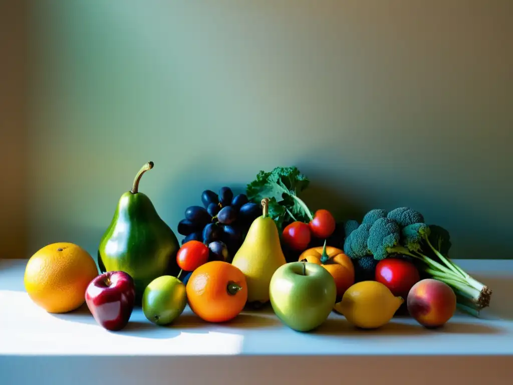 Mesón de frutas y vegetales orgánicos: colores vibrantes y frescura natural Una mesa decorada con frutas y verduras orgánicas en un ambiente sereno