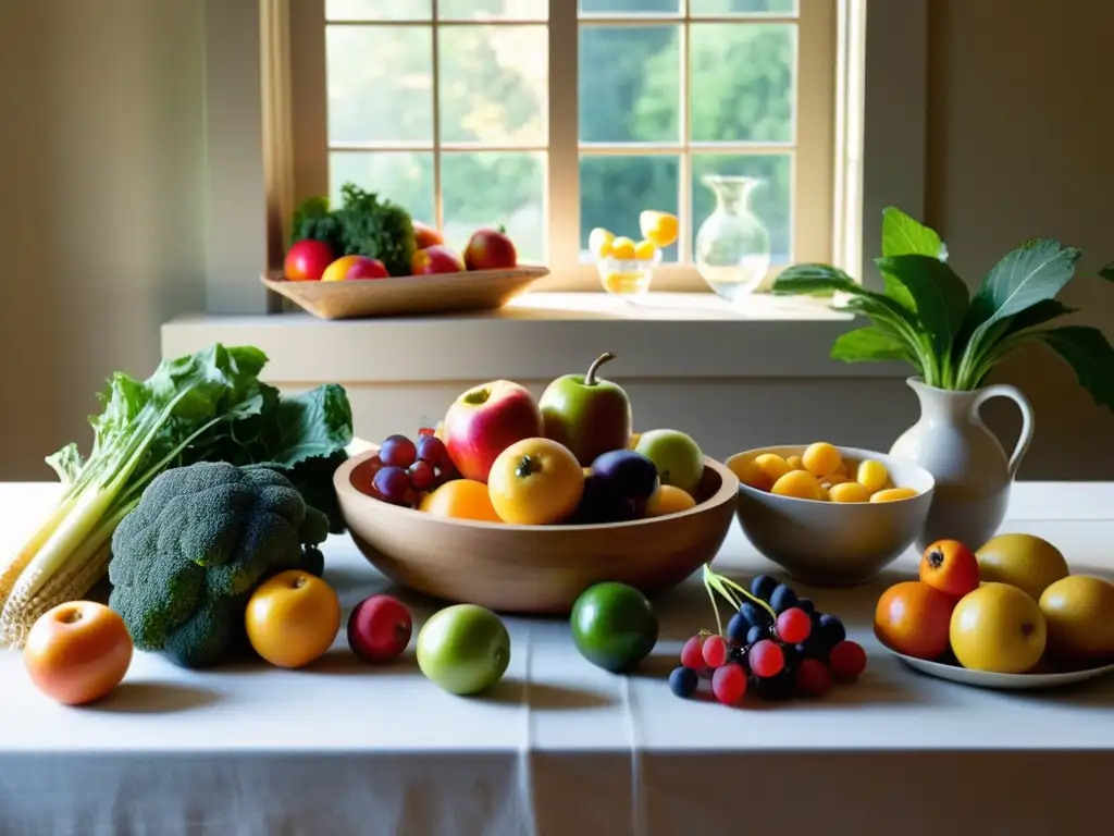 Una mesa bellamente decorada con frutas y verduras orgánicas, platos y utensilios artesanales