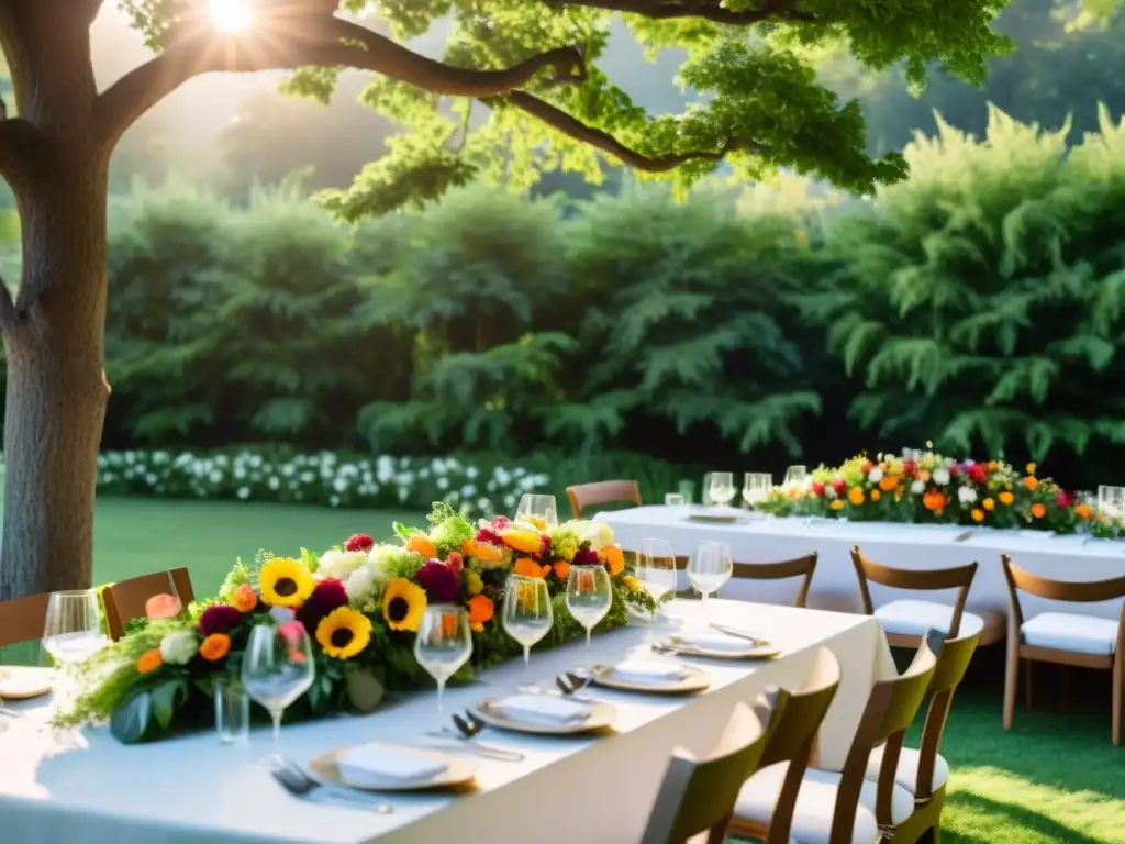 Una mesa elegantemente decorada con ingredientes orgánicos para eventos especiales, rodeada de naturaleza exuberante y flores frescas