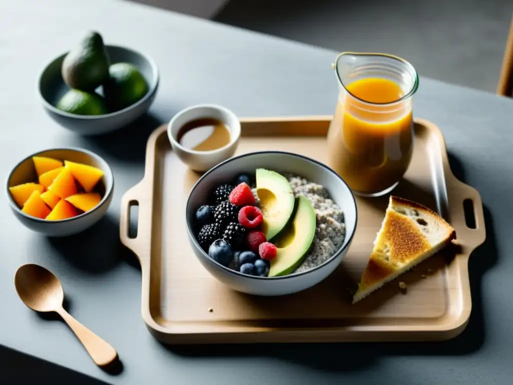 Una mesa de desayuno orgánico sin gluten, con chía, frutas, pan y café