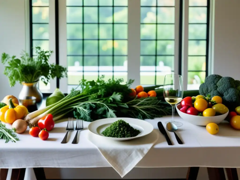 Una mesa elegante con mantel blanco, cubiertos brillantes y una decoración de vegetales y hierbas orgánicos, iluminada por suave luz natural