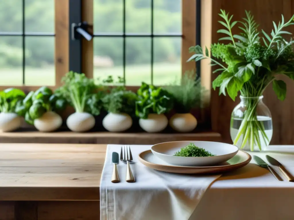 Una mesa elegante en un restaurante orgánico, con vegetales frescos y luz natural