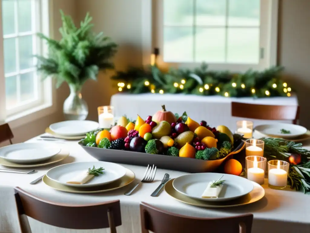 Una mesa festiva con cocina navideña orgánica saludable, rodeada de luces y vegetación, creando un ambiente cálido y acogedor