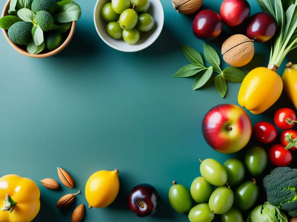 Una mesa con frutas, verduras y nueces orgánicas, bañadas por una cálida luz natural