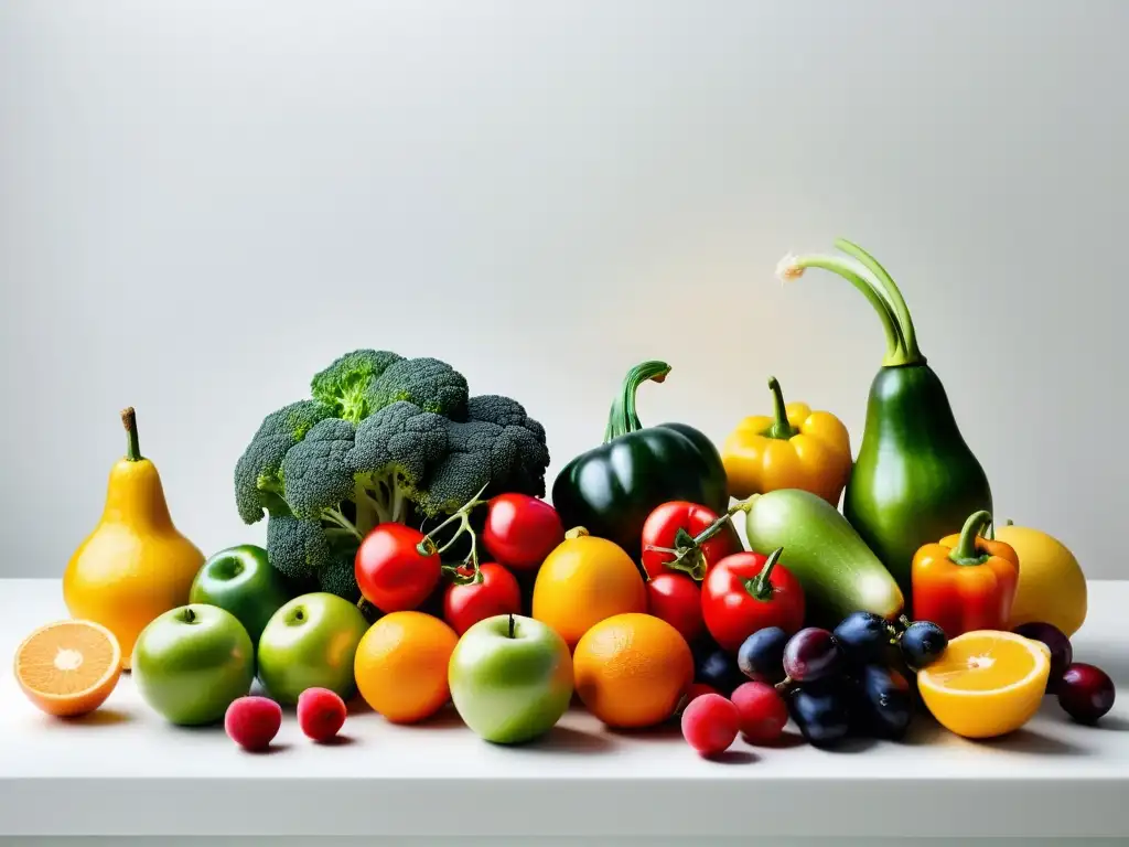 Una mesa con frutas y verduras orgánicas, colores vibrantes en un fondo blanco, evocando salud y naturaleza