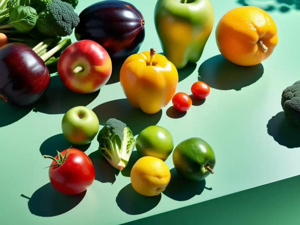 Una mesa con frutas y verduras orgánicas de colores vibrantes, iluminadas suavemente