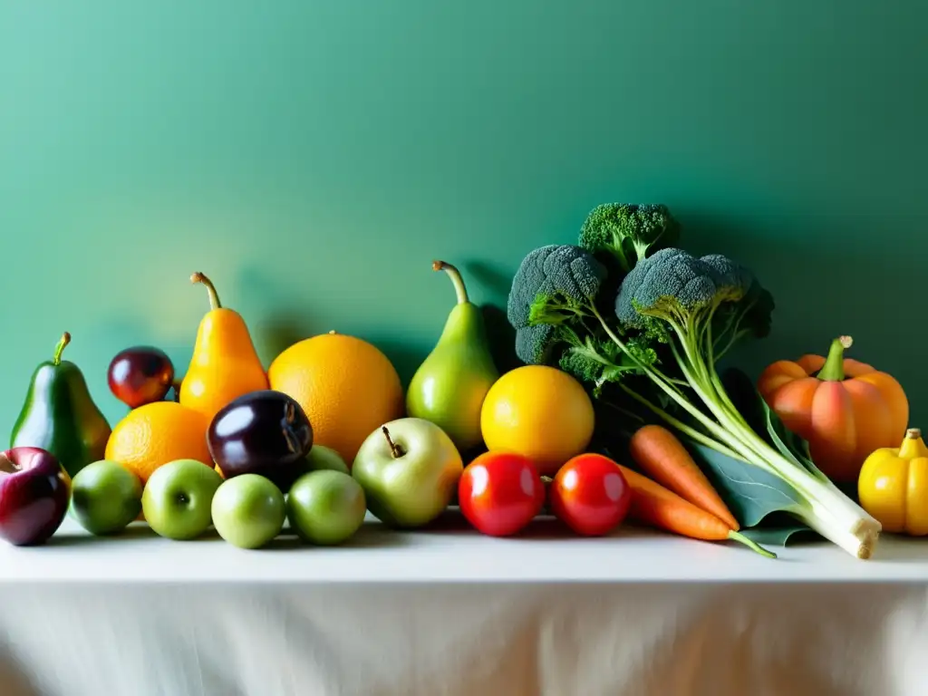 Una mesa con frutas y verduras orgánicas, bañadas en luz natural