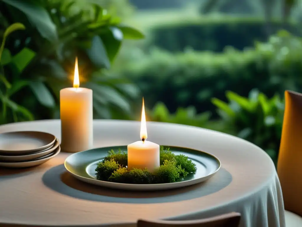 Una mesa iluminada por velas en un entorno natural, con un plato orgánico y vapor, evocando experiencias únicas en restaurantes orgánicos