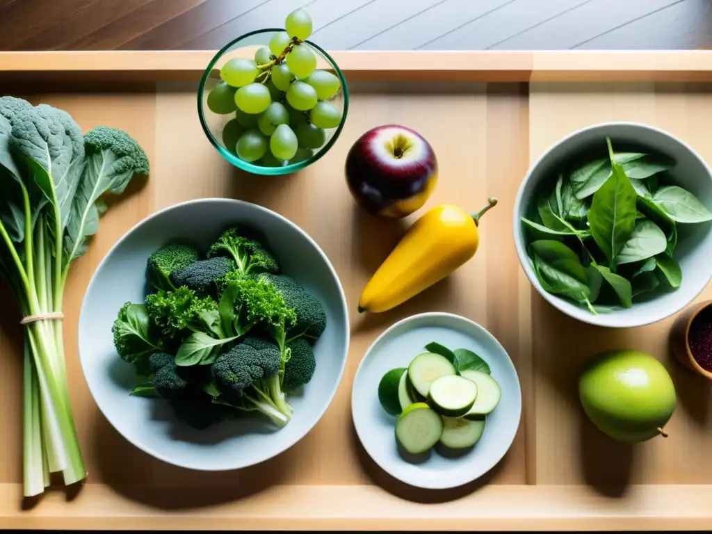 Una mesa de madera con alimentos orgánicos dieta FODMAP baja, bañada en suave luz natural, transmite calma y serenidad