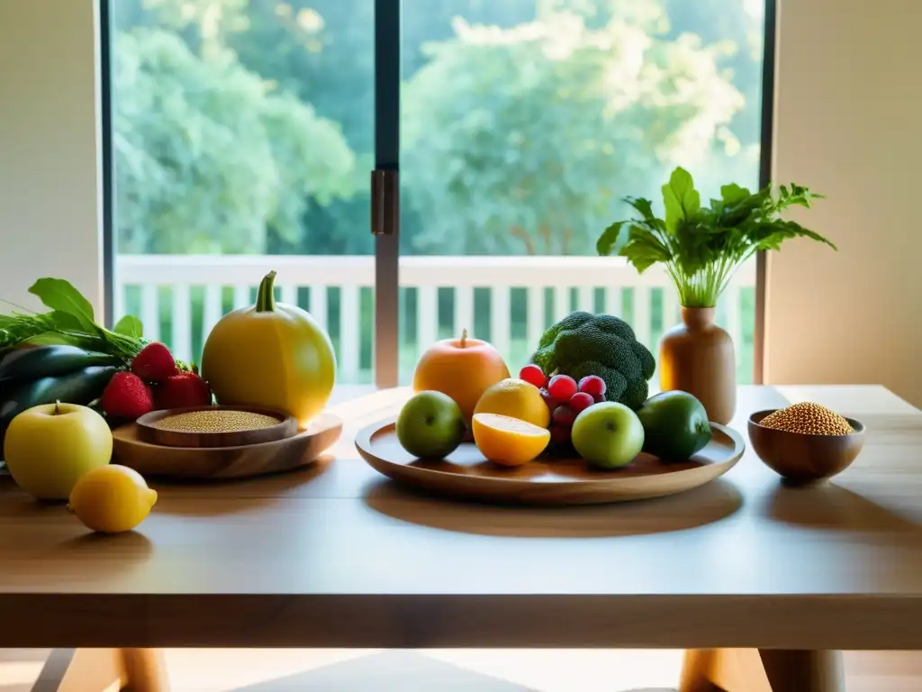 Una mesa de madera con alimentos orgánicos, evocando la abundancia y tranquilidad de una dieta FODMAP baja