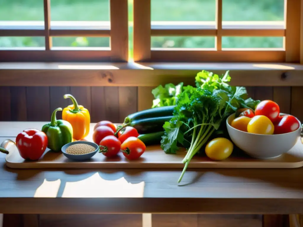 Una mesa de madera con coloridas frutas, verduras y granos orgánicos, iluminada suavemente