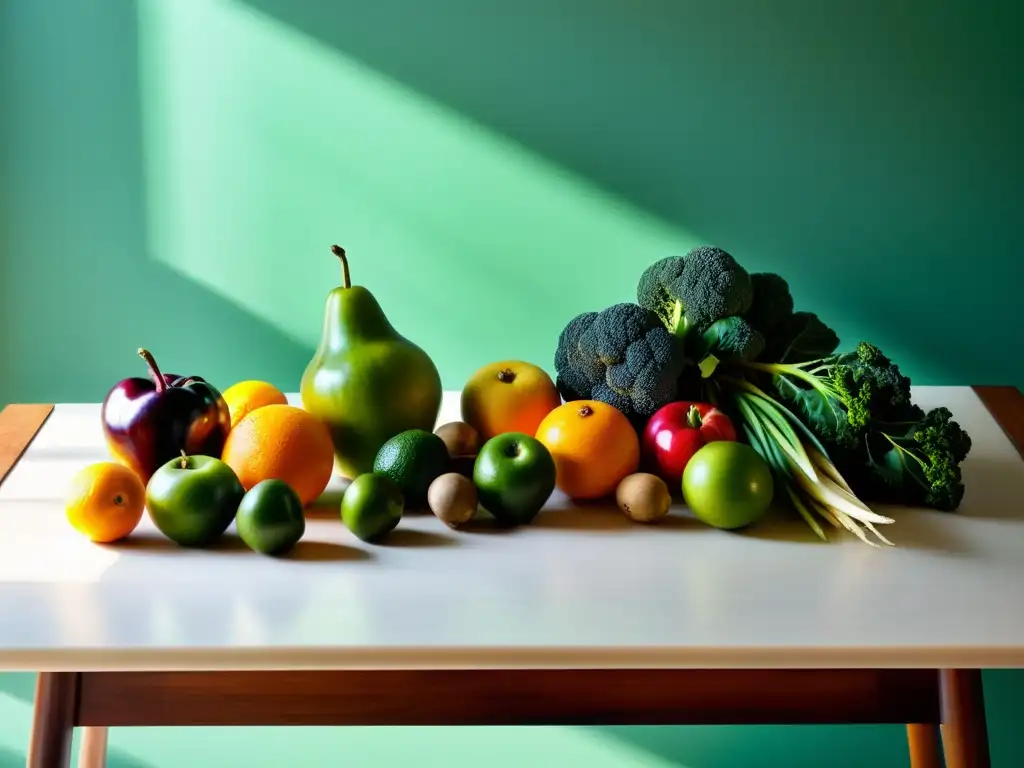 Una mesa de madera con frutas y verduras orgánicas, iluminada por luz natural