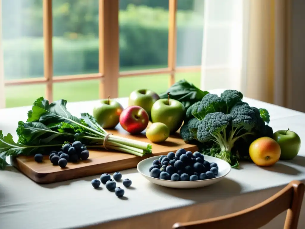 Una mesa de madera con mantel blanco, decorada con frutas y verduras orgánicas vibrantes