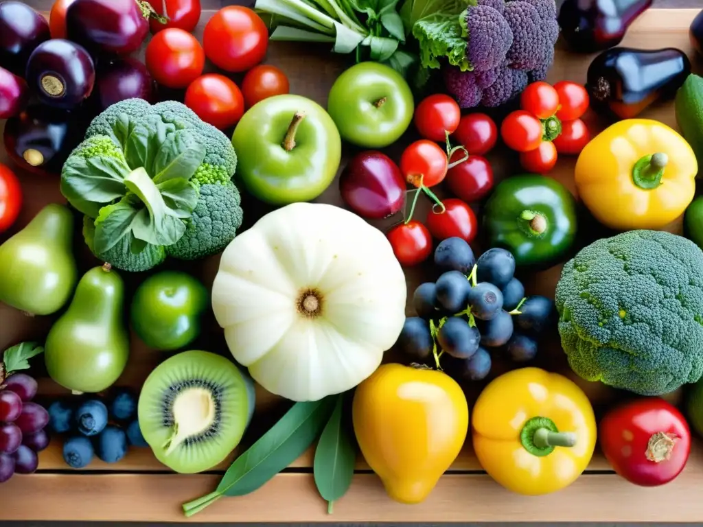 Una mesa de madera con una variedad de frutas y verduras orgánicas frescas