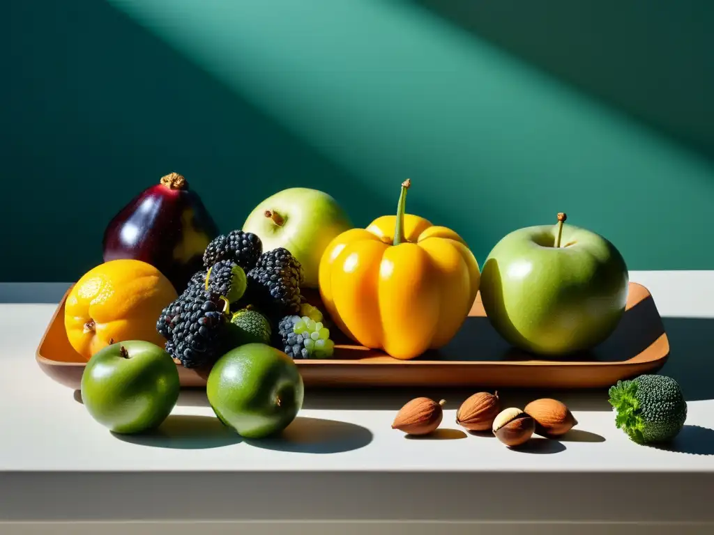 Una mesa minimalista con alimentos orgánicos de calidad, resaltando su frescura y texturas vibrantes