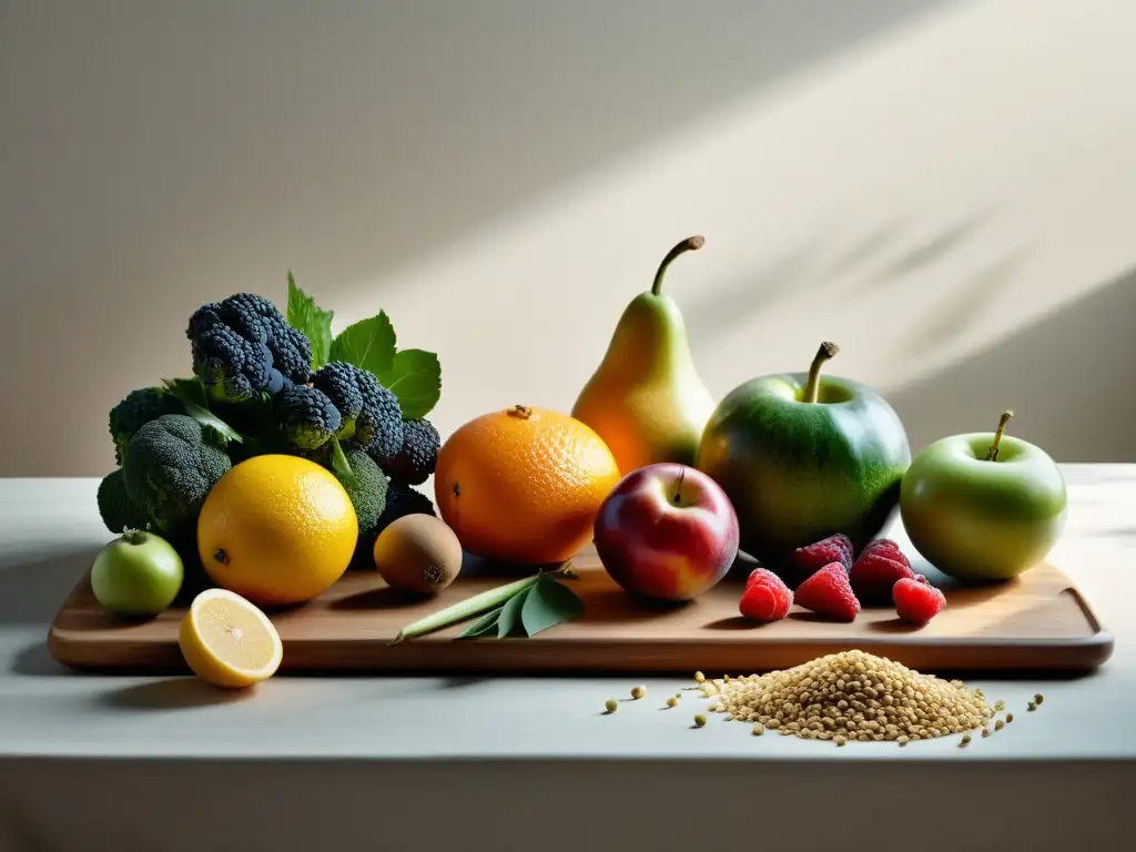 Una mesa minimalista con una elegante selección de frutas, vegetales y granos orgánicos bañados en suave luz natural