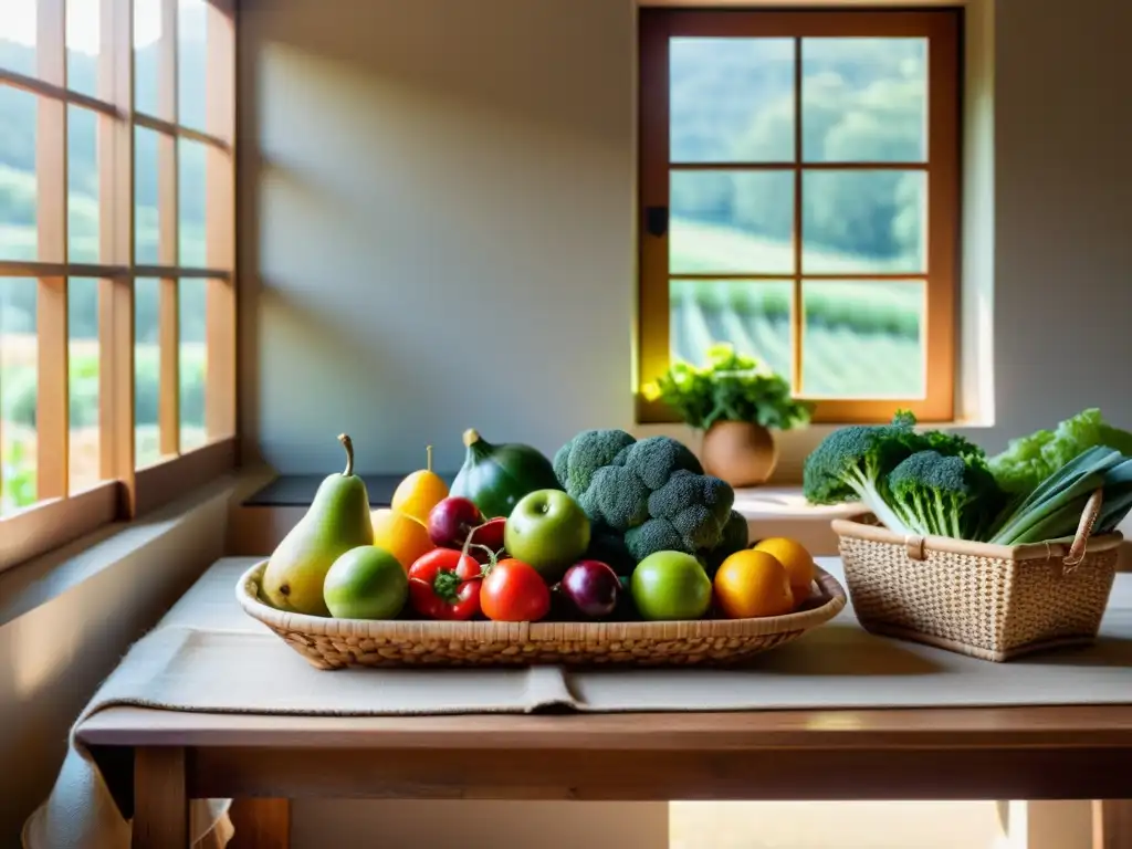 Una mesa minimalista con productos frescos y orgánicos, iluminada por la suave luz natural