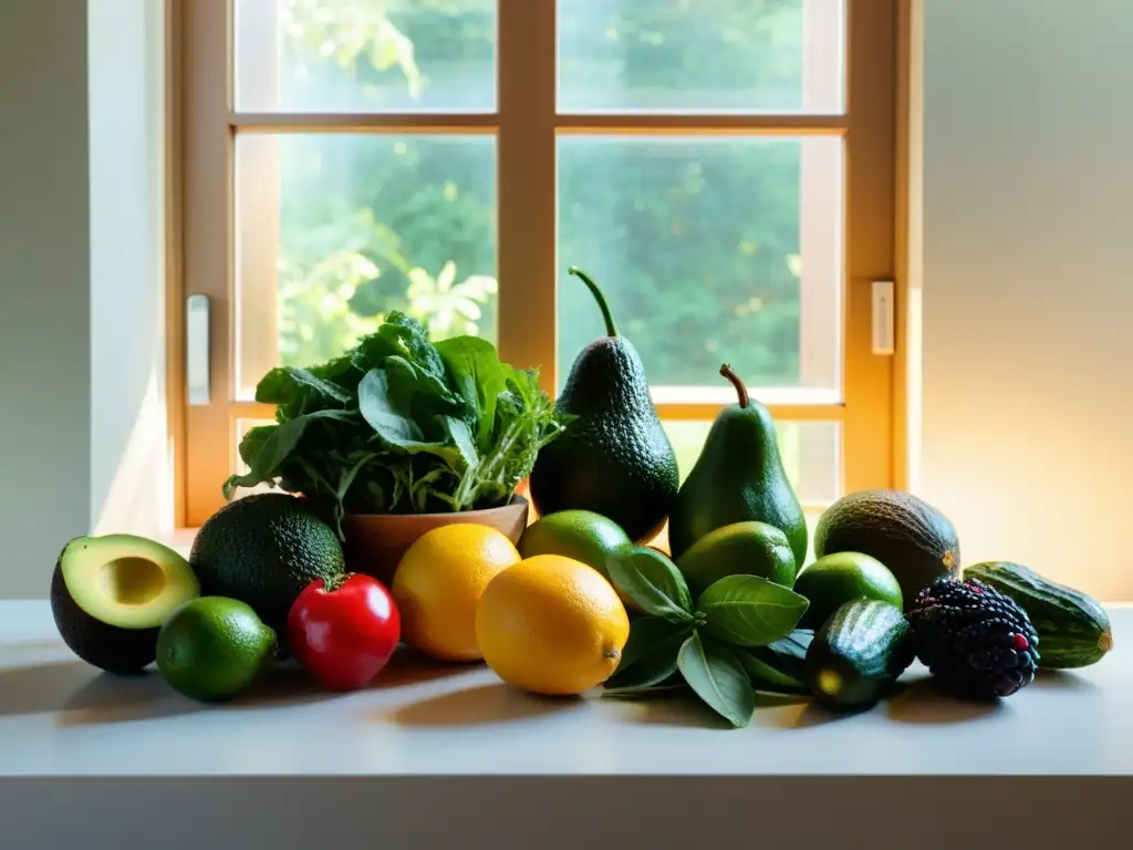 Una mesa minimalista con una variedad de frutas y verduras orgánicas vibrantes bañadas por la suave luz natural