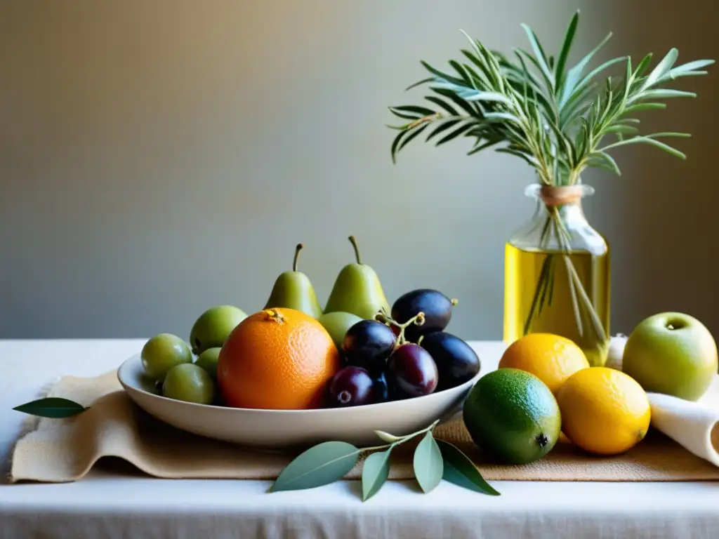 Una mesa mediterránea orgánica con frutas, verduras y aceite de oliva, irradiando tranquilidad y frescura