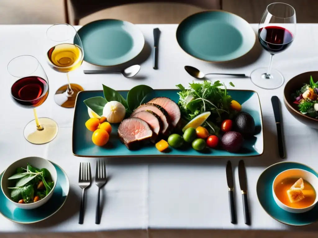 Una mesa elegantemente preparada con platos internacionales y vinos orgánicos en un ambiente sofisticado y acogedor