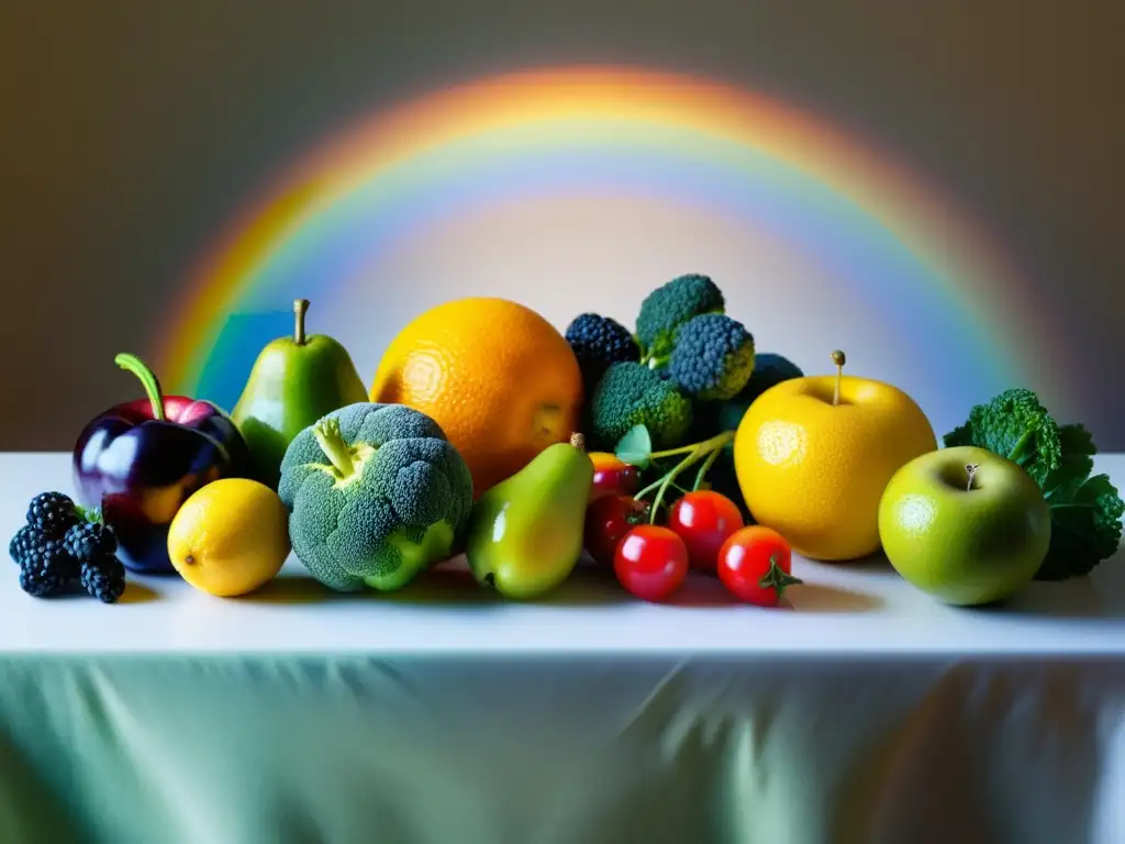 Una mesa rebosante de frutas y verduras orgánicas, con colores vibrantes y texturas frescas