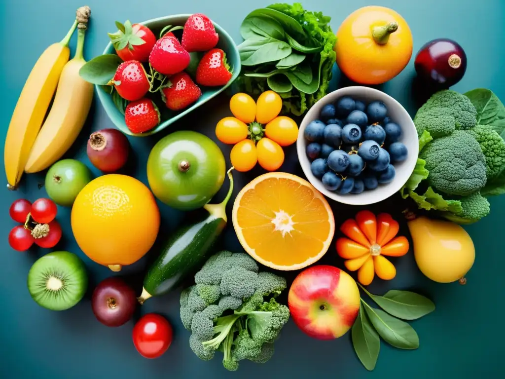 Exuberante mesa de frutas y verduras orgánicas para prevenir el cáncer Una mesa rebosante de frutas y verduras orgánicas, frescas y coloridas, invita a la prevención del cáncer con su vitalidad y frescura