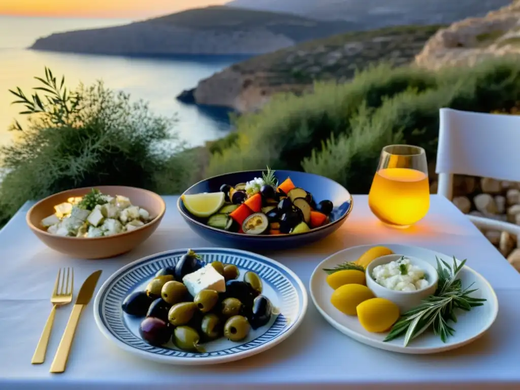 Una mesa con recetas saludables cocina griega orgánica, rodeada de la belleza del Mediterráneo al atardecer