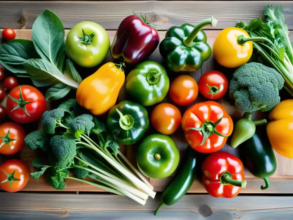 Una mesa rústica llena de frutas y verduras frescas y coloridas, transmitiendo la esencia de la cocina orgánica económica