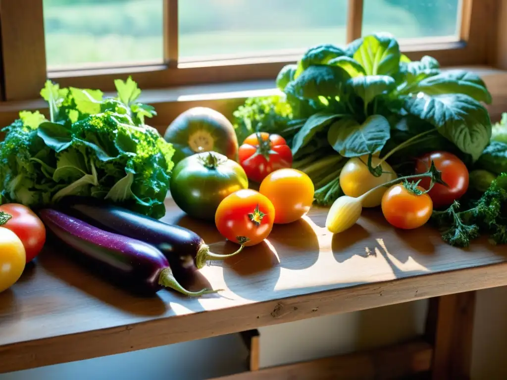 Una mesa rústica de madera adornada con variedad de vegetales orgánicos recién cosechados, bañados por la cálida luz del sol